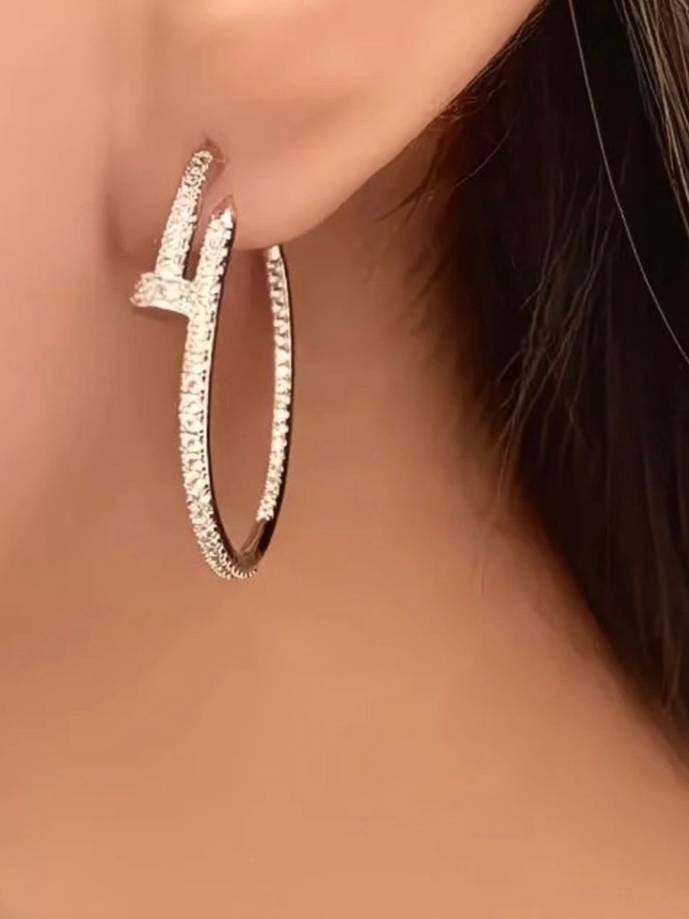 Silve Tone Pavé Nail Hoop Earrings